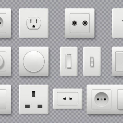 Wall switch. Power electrical socket different modern round switches vector realistic collection. Power electricity, outlet european and american illustration